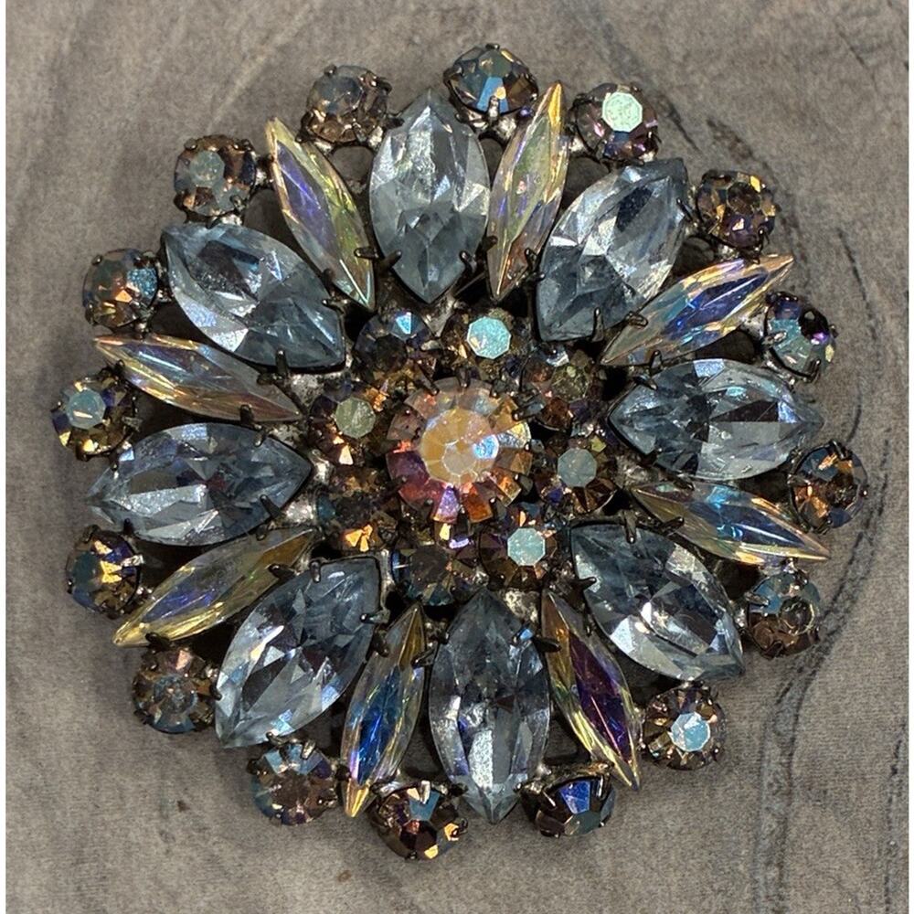 Vintage Mid-Century Aurora Borealis And Blue Rhinestone Starburst Brooch Pin